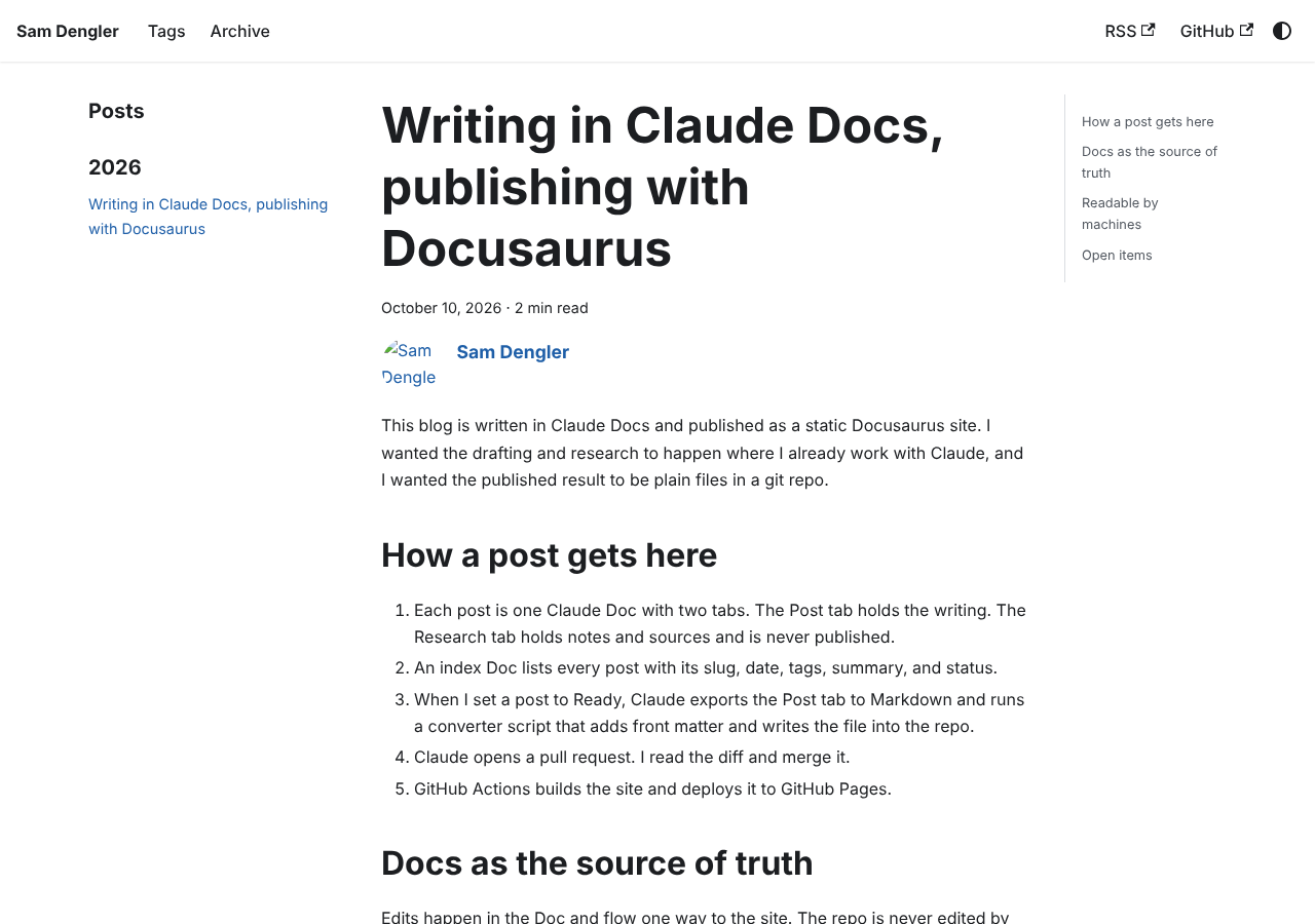 The first post rendered on the blog, with the post list on the left and the section list on the right